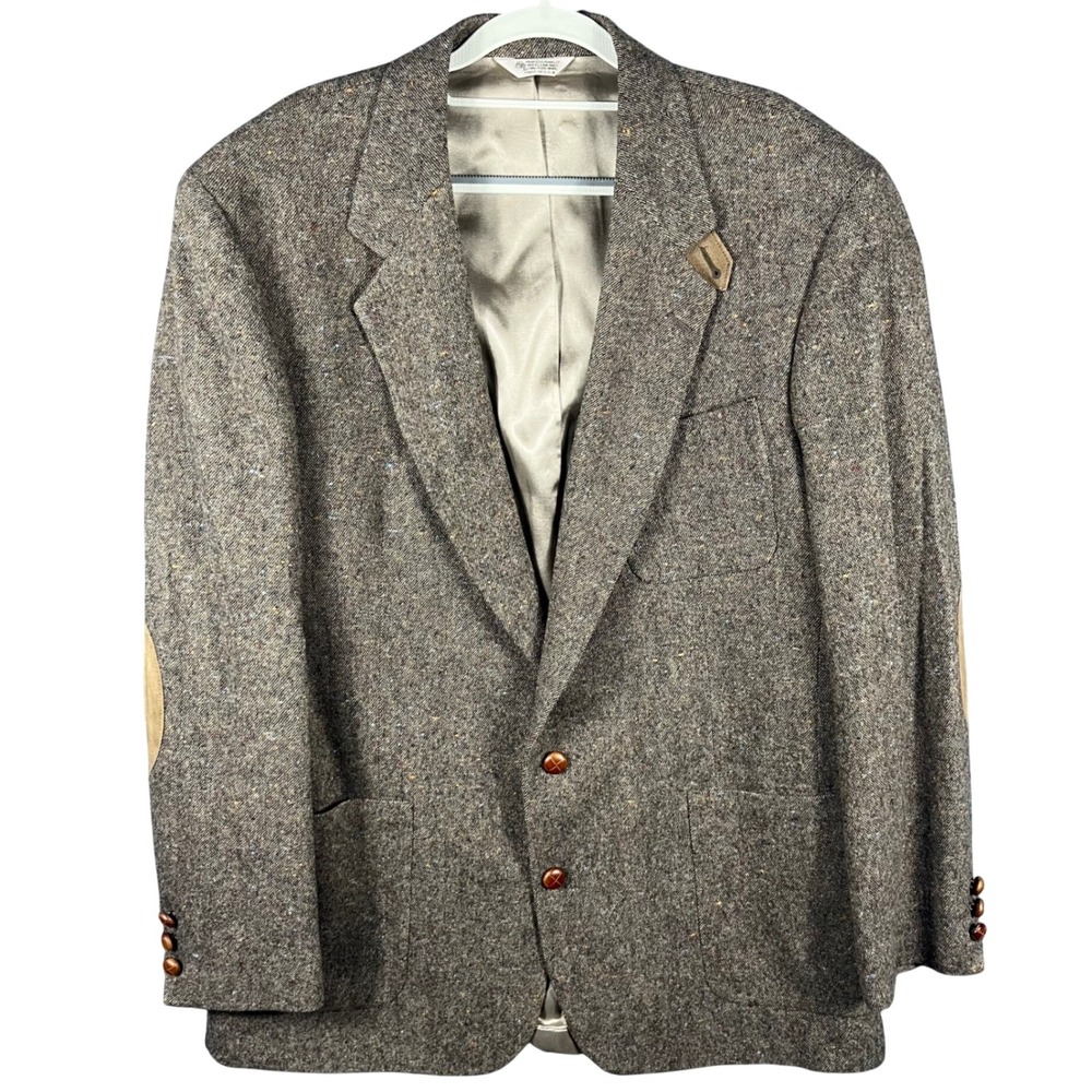Stuart Hughes Blazer Mens 44L Brown Donegal Tweed Suede Elbow Patches 2-Button